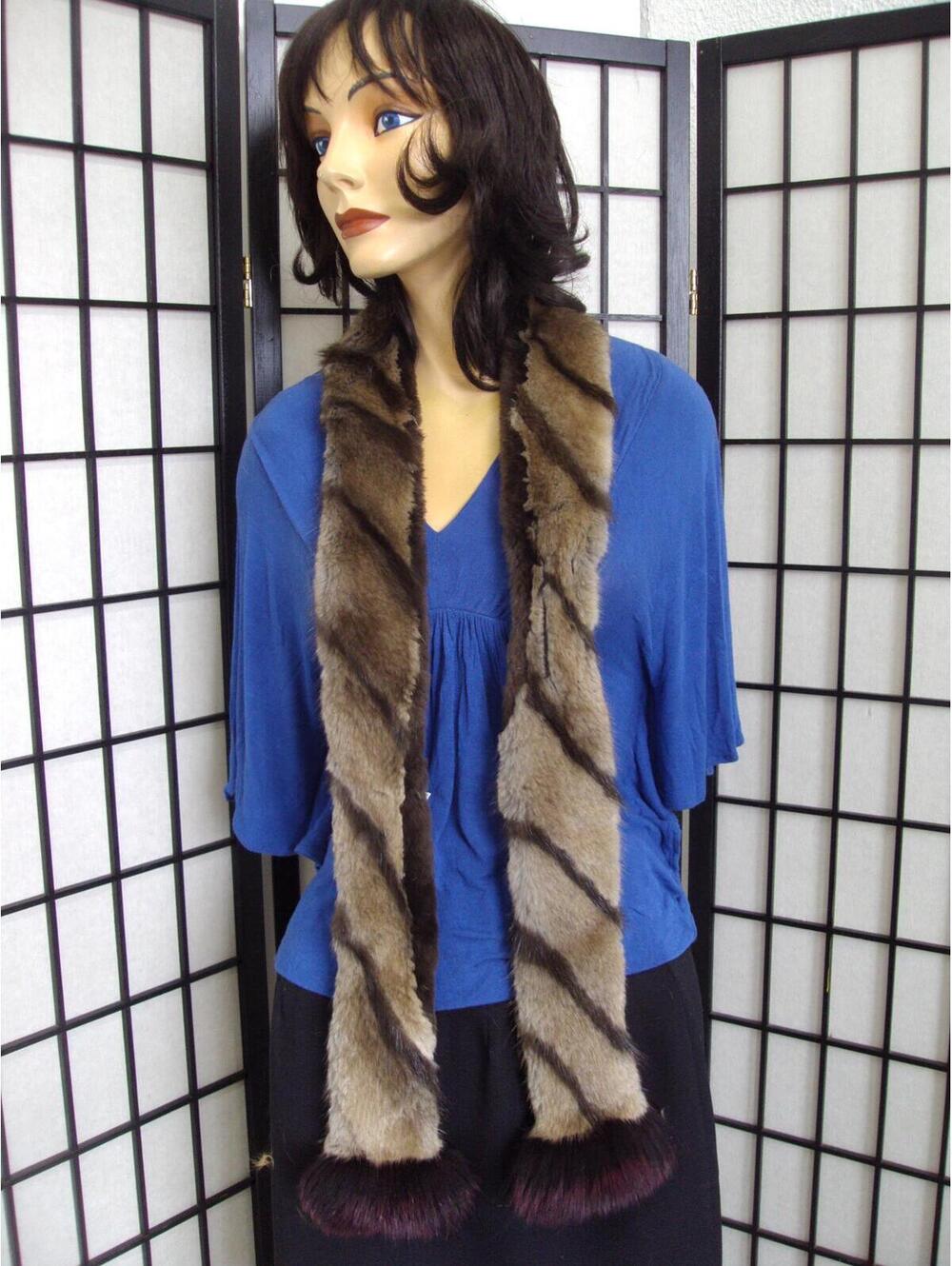 New Two Tone Muskrat Fur Scarf Wrap W/ Raspberry Fox Women Woman Size 60" x 2.5"